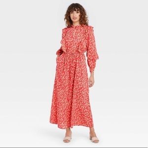 Who What Wear Red Floral Vine Balloon Long Sleeve Ruffle Dress